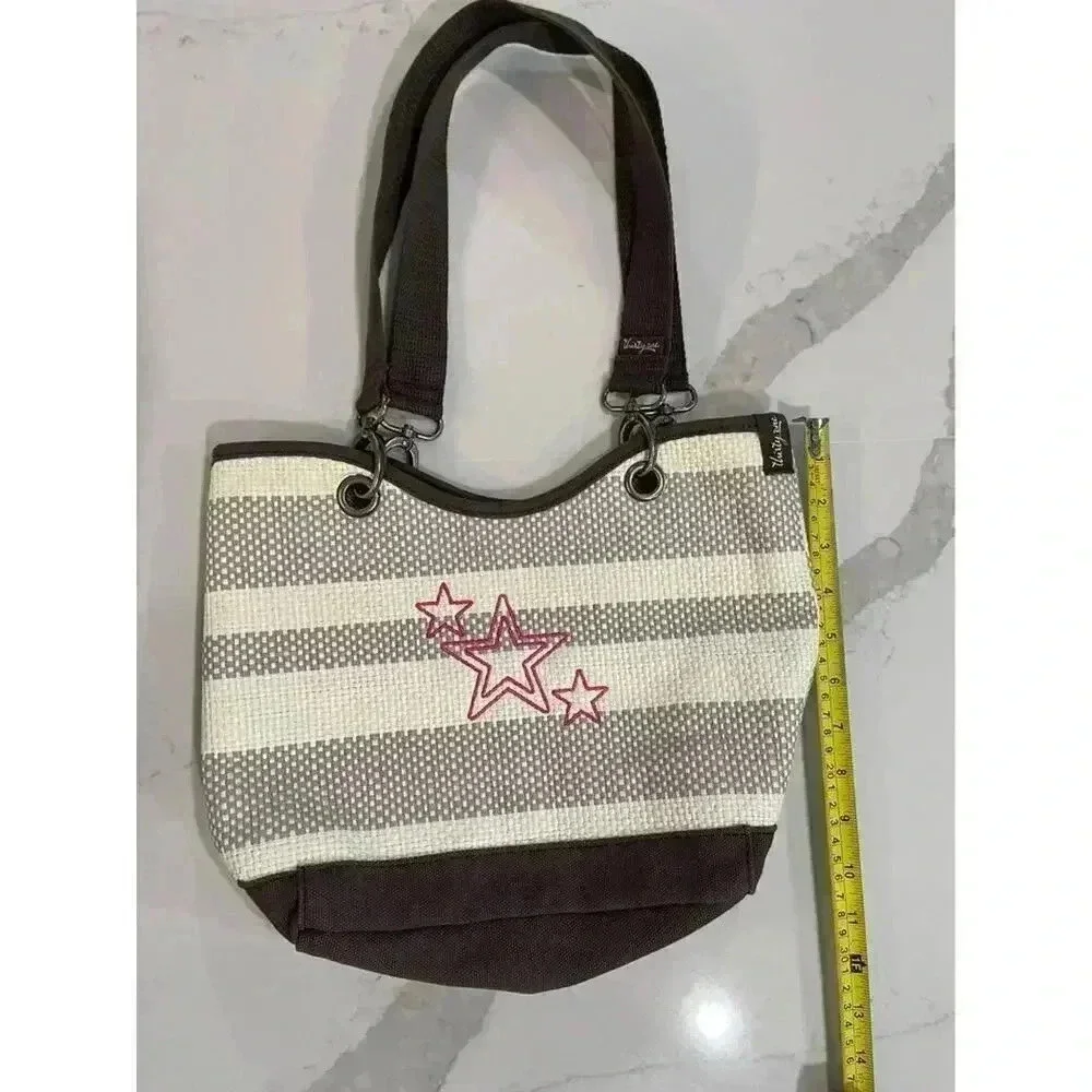 Thirty One Spring Summer Purse Paper Weave Shoulder Bag Brown Ivory Stripe 31 - Picture 3 of 9